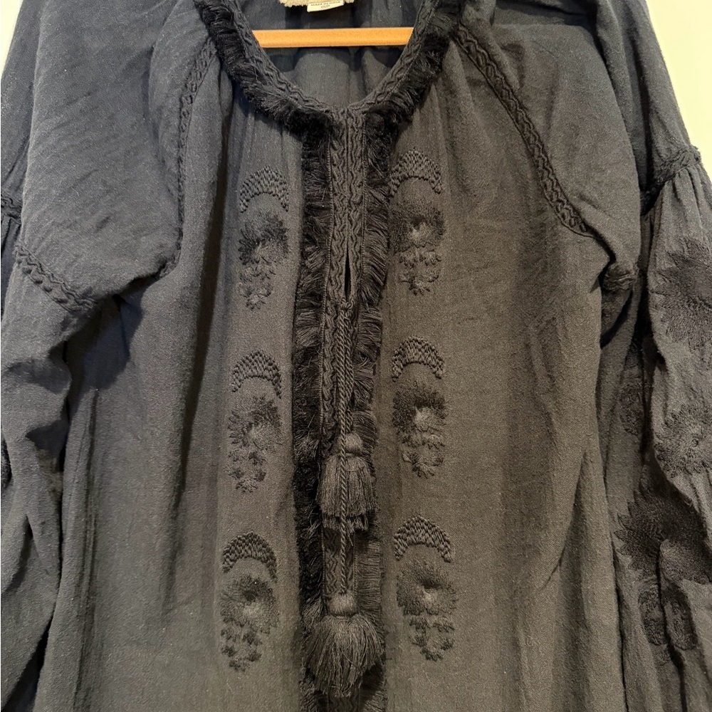 Figue Cotton Embroidered Navy Long Sleeve Blouse with Tassel Details - Picture 3 of 6